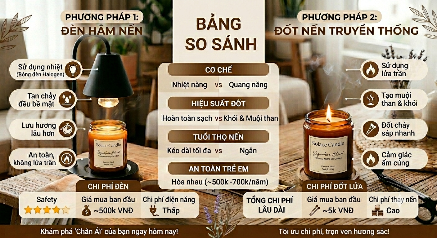 Bảng so sánh đèn đốt nến thơm hay đốt nến bằng lửa